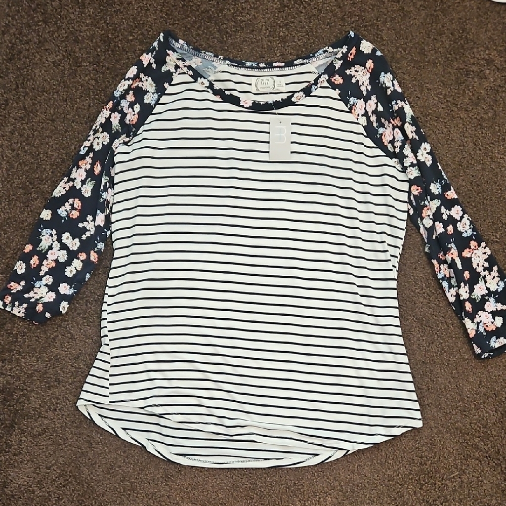 Maurices Striped Top with Floral Sleeves